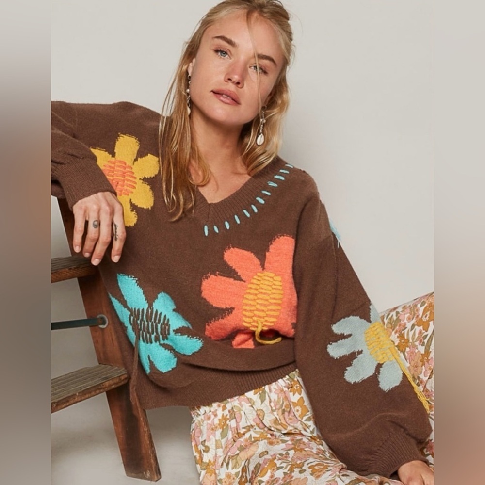 POL Balloon Sleeve Oversized Acrylic Sweater Fringe Detail Floral Pattern Small - Picture 6 of 12